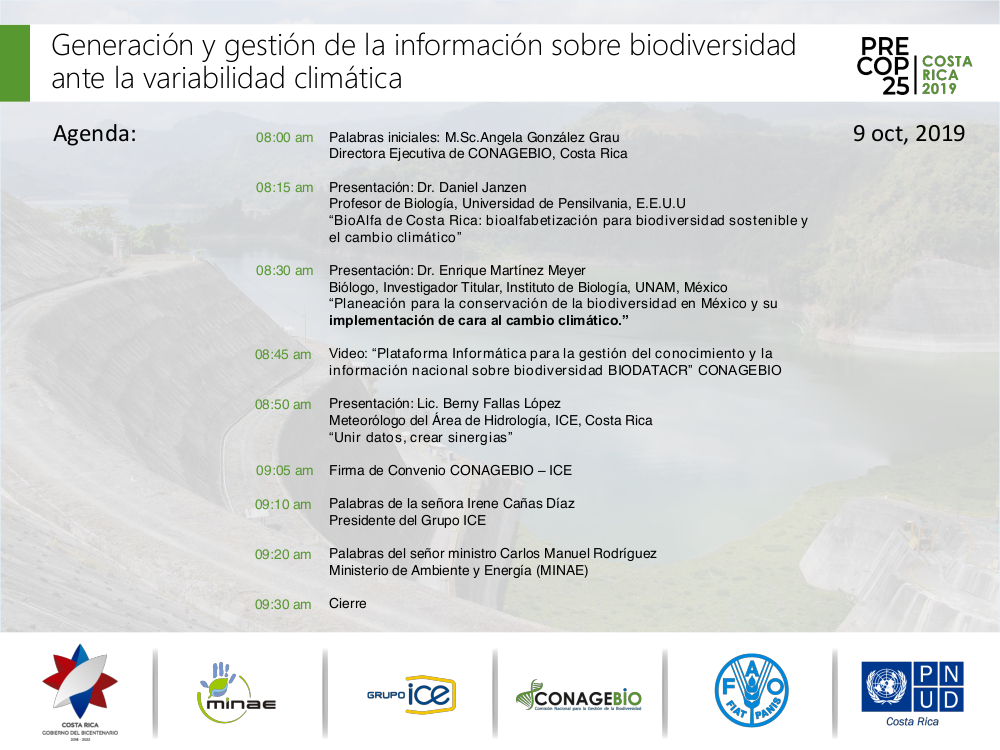 Agenda de evento Generación y gestión de la información sobre biodiversidad ante la variabilidad climática